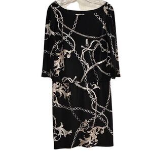 White House Black Market Women's Blouson Dress S Chain Link Print Black